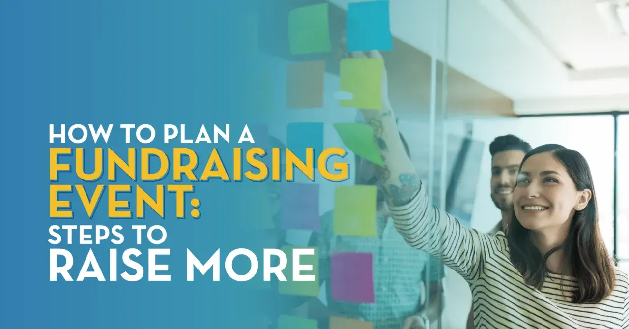 Team brainstorming for a successful fundraising event planning template. Steps to raise more funds are visualized on sticky notes.