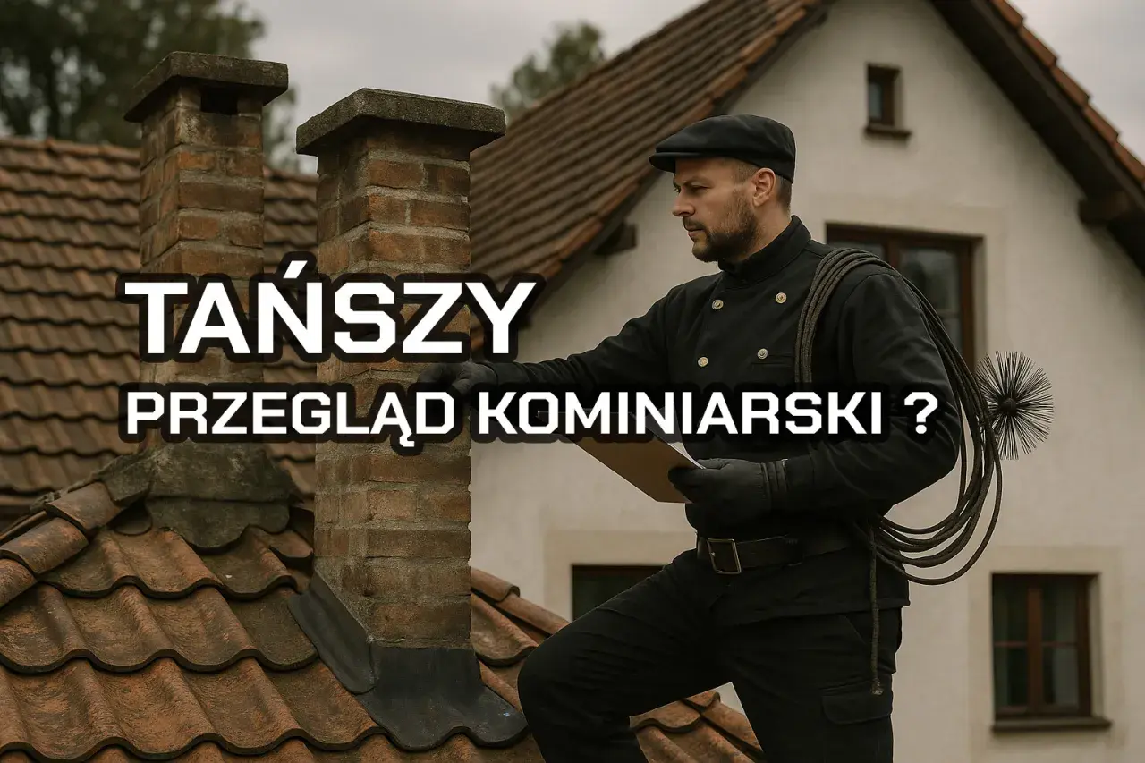 Kominiarz na dachu sprawdza stan ceglanych kominów. Czy potrzebujesz tańszy przegląd kominiarski?