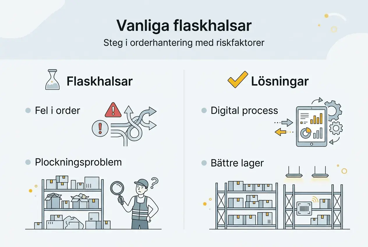 Vanliga flaskhalsar i orderhantering: fel i order, plockningsproblem. Lösningar: digital process, bättre lager. Exempel på instruktioner för effektivitet.