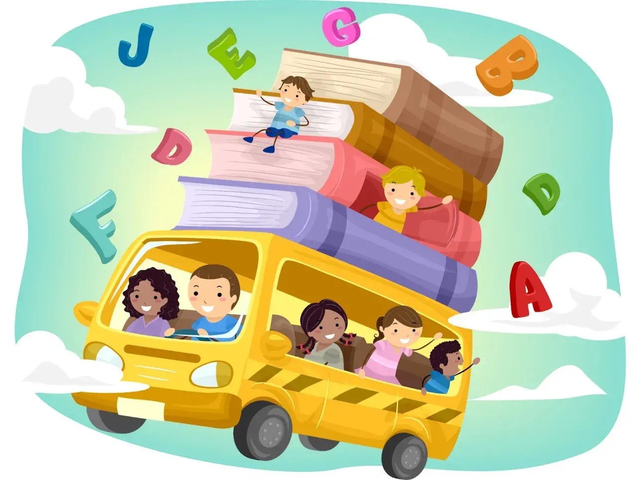 Niños felices en un autobús escolar lleno de libros, aprendiendo juegos del abecedario en inglés.