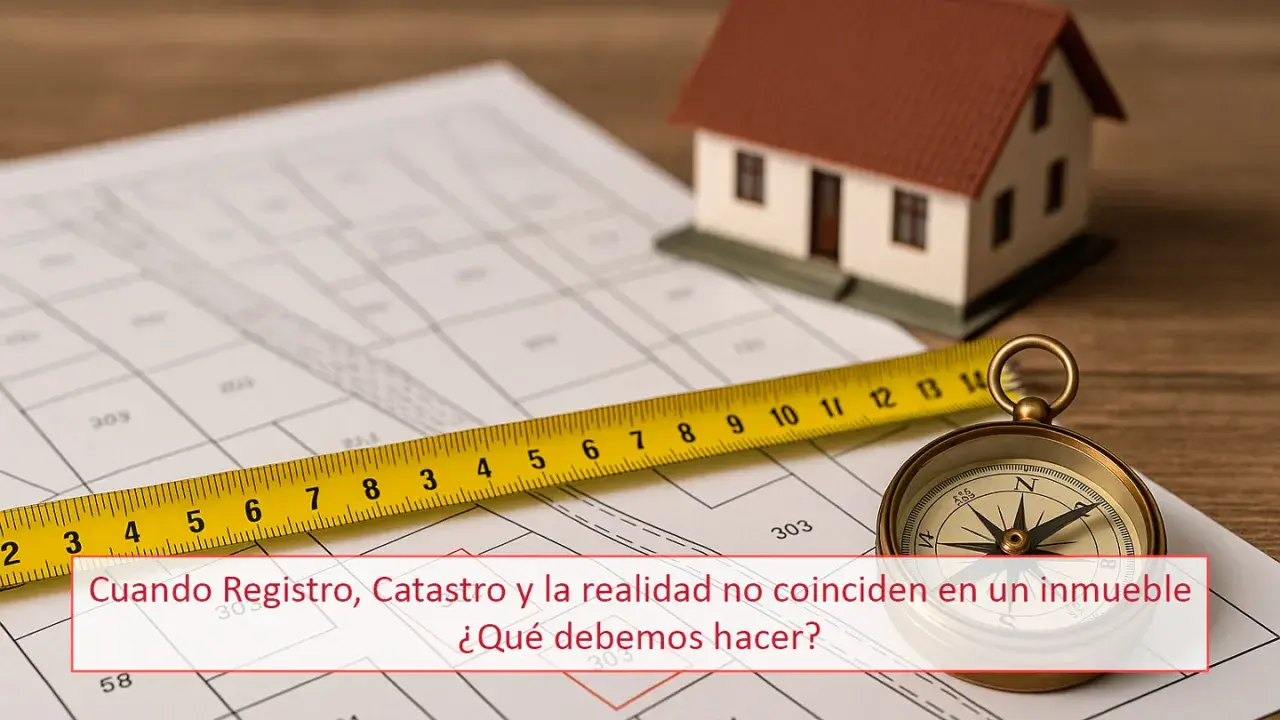Plano de una finca registral con cinta métrica, brújula y maqueta de casa.