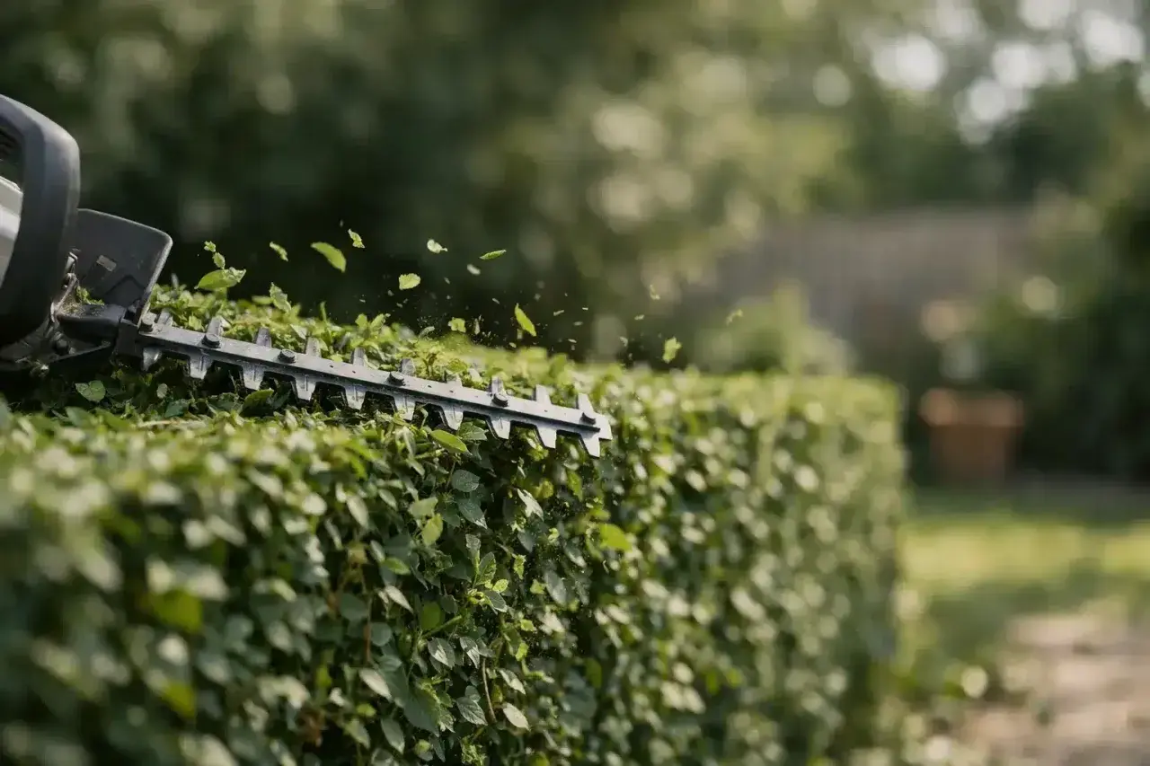 Eine Heckenschere schneidet eine hohe Hecke. Grüne Blätter fliegen durch die Luft, während die Klingen arbeiten.