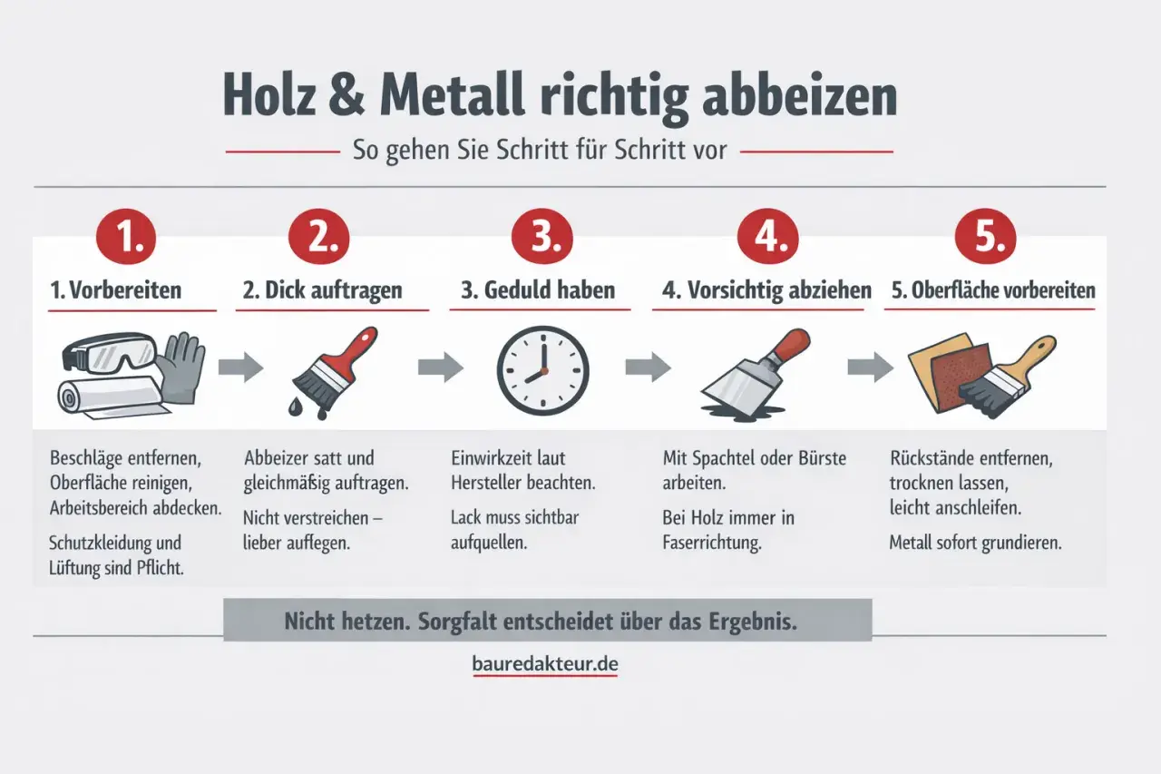 Schritt-für-Schritt-Anleitung zum Holz abbeizen: Vorbereiten, dick auftragen, Geduld haben, abziehen und Oberfläche vorbereiten.