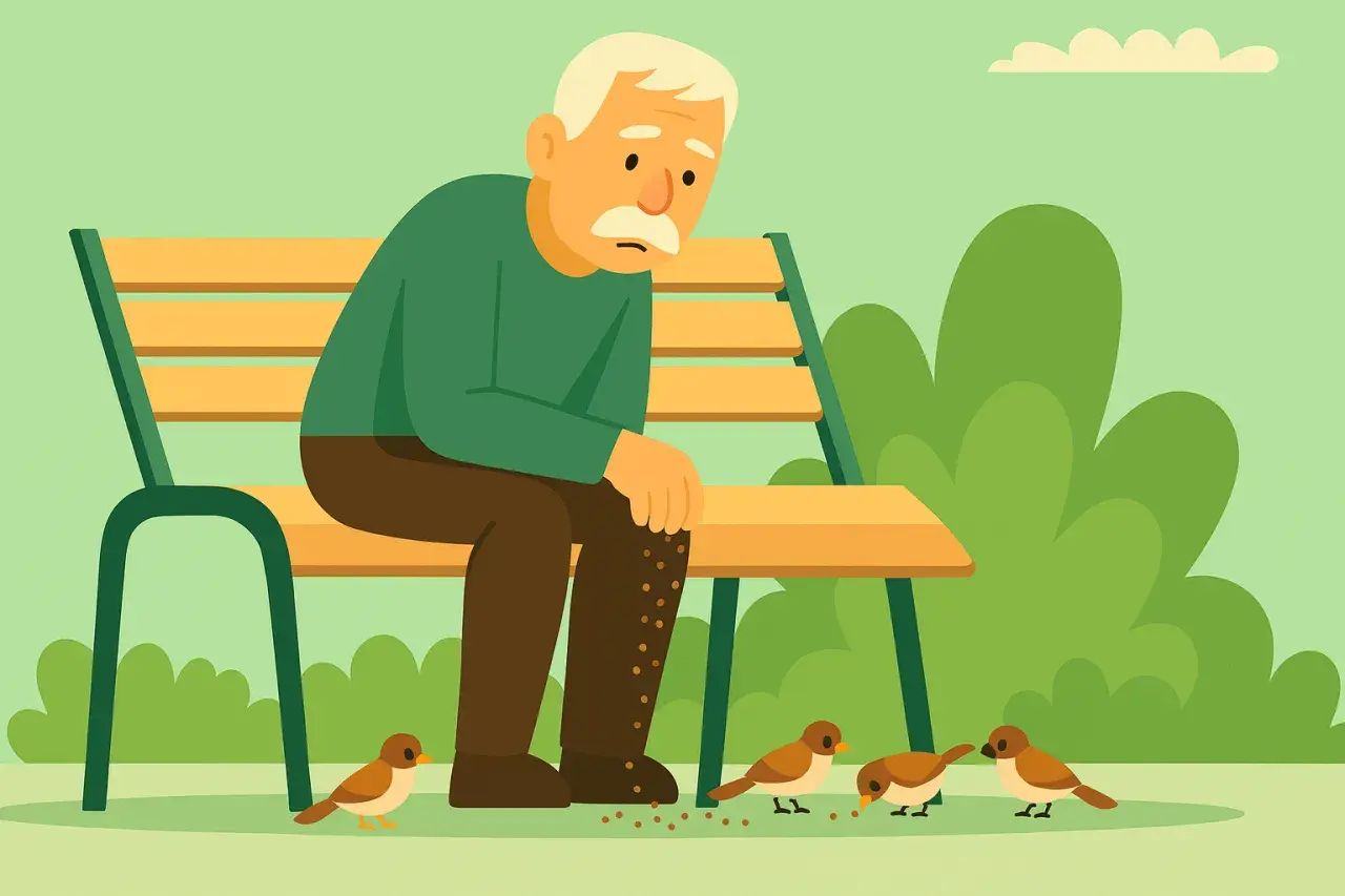 Een eenzame man op een bankje, die zaadjes strooit voor vogels. Hij lijkt te willen **graag alleen zijn**, maar de vogels zoeken toch zijn gezelschap.