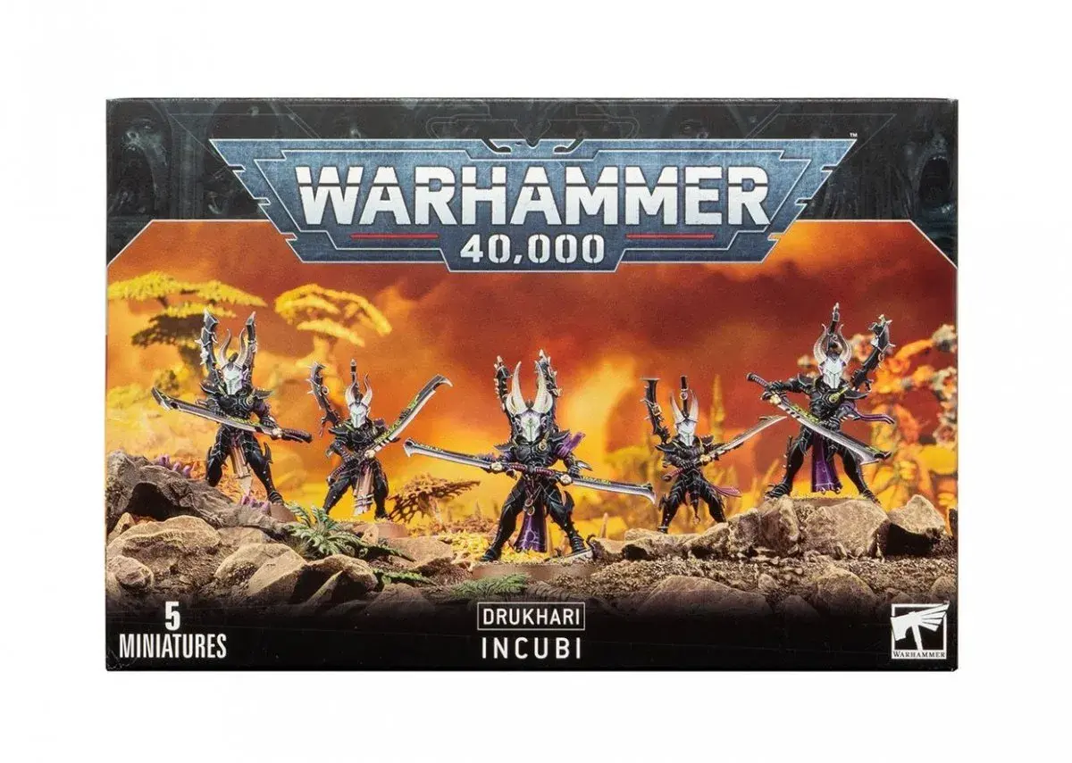 Pięć wojowników Drukhari Incubi, uosobienie mrocznej siły, gotowych do ataku w świecie Warhammer 40,000.