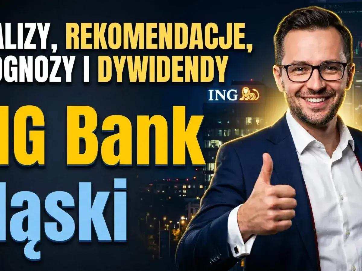 Uśmiechnięty mężczyzna w garniturze pokazuje kciuk w górę. W tle logo ING Bank Śląski i napisy o analizach i dywidendach.