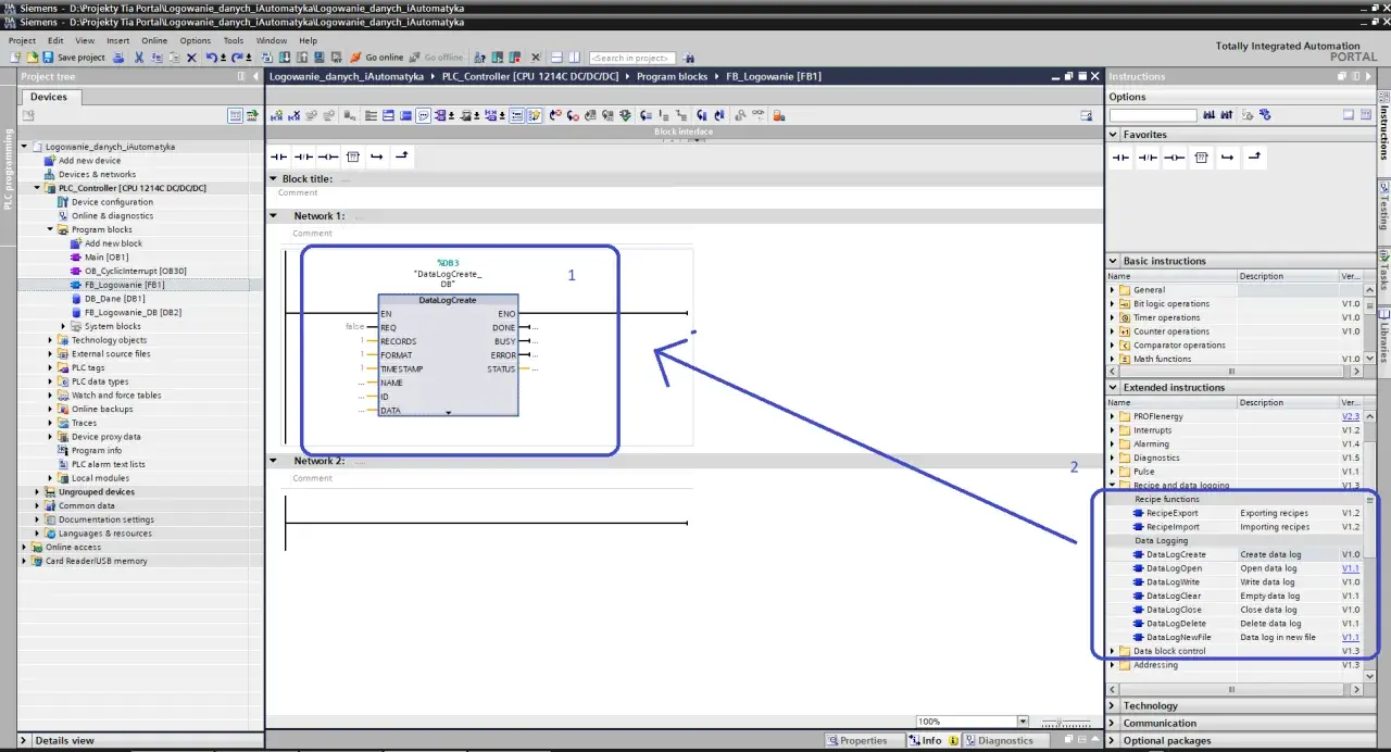 Funkcja "DataLogCreate" w programie Siemens TIA Portal służy do tworzenia dziennika danych.