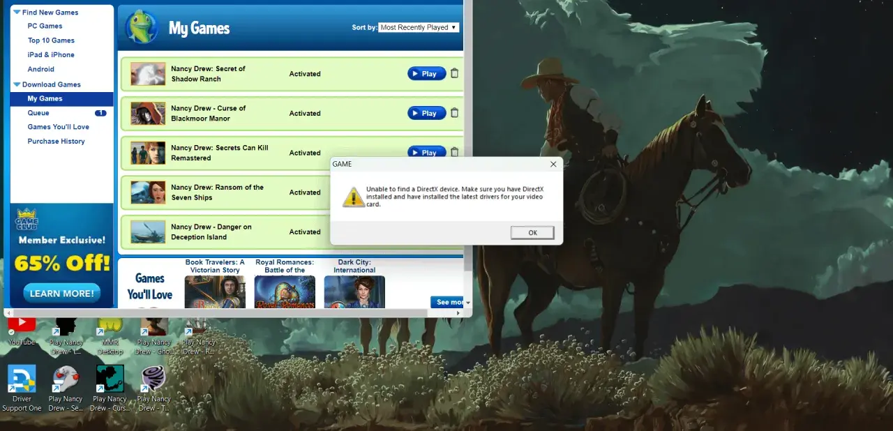 Błąd gry Nancy Drew: "Nie znaleziono urządzenia DirectX. Upewnij się, że masz zainstalowany DirectX 11 i najnowsze sterowniki karty graficznej.