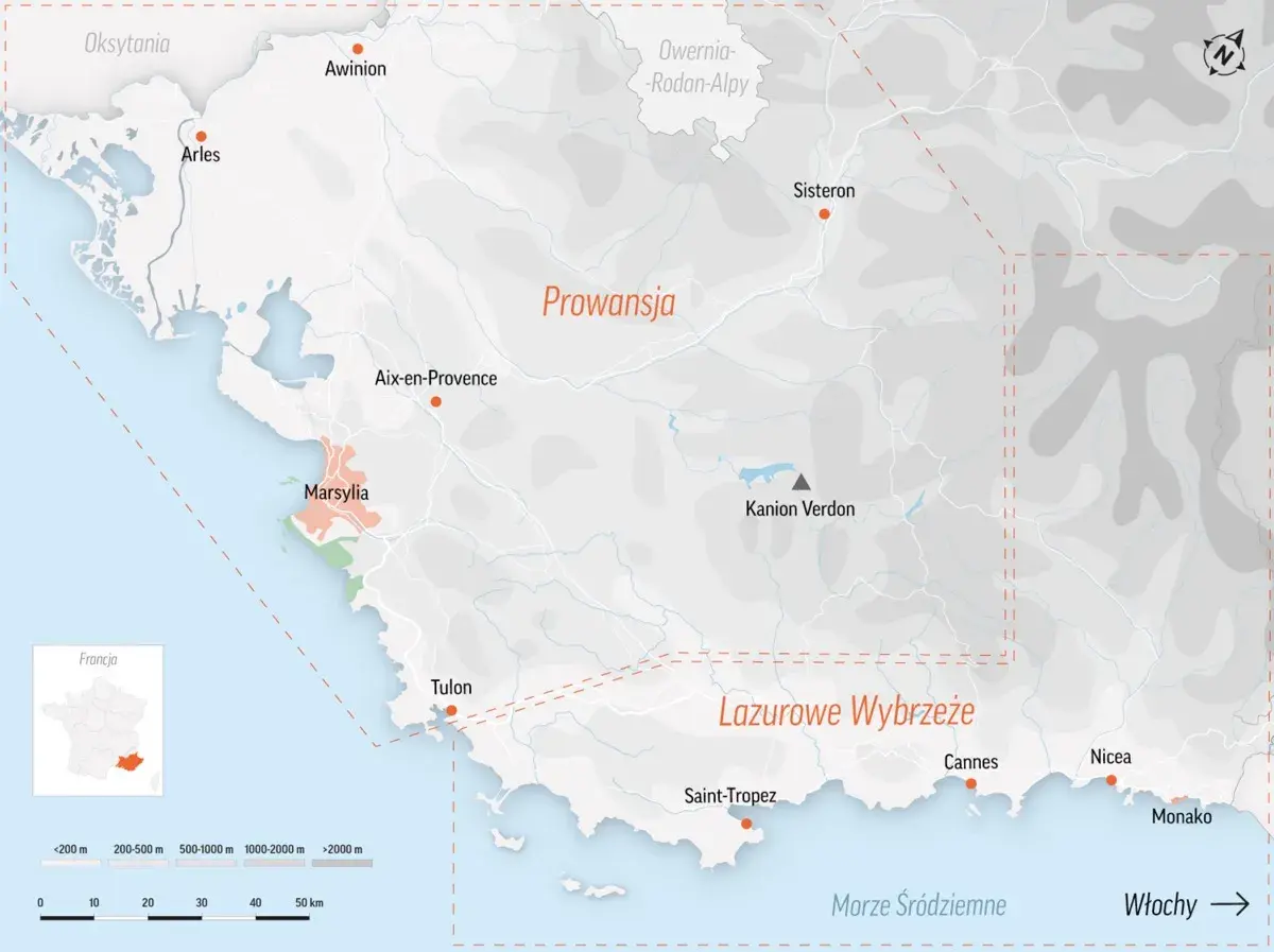 Mapa Lazurowego Wybrzeża z zaznaczonymi miastami takimi jak Marsylia, Cannes, Nicea i Monako.