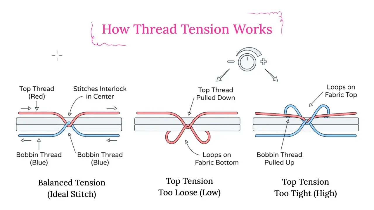 Diagrams illustrating how thread tension affects stitches. Shows balanced, loose, and tight top tension, with loops on fabric top or bottom.