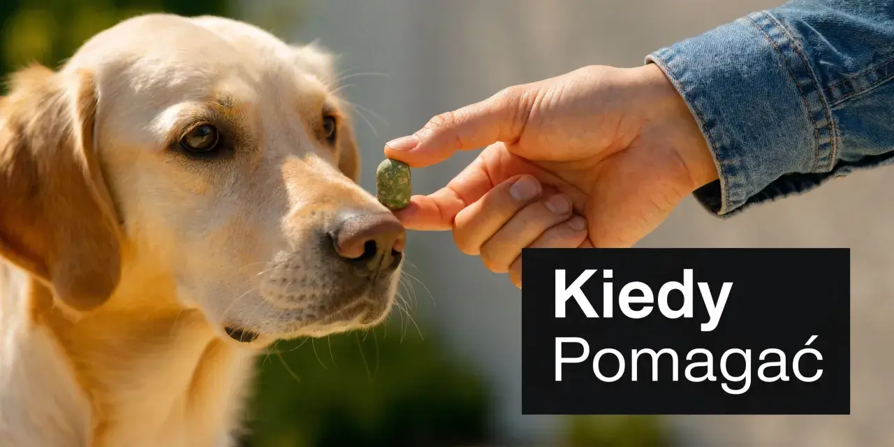 Złoty retriever wącha przysmak. To ludzki probiotyk dla psa, który pomaga mu czuć się lepiej.