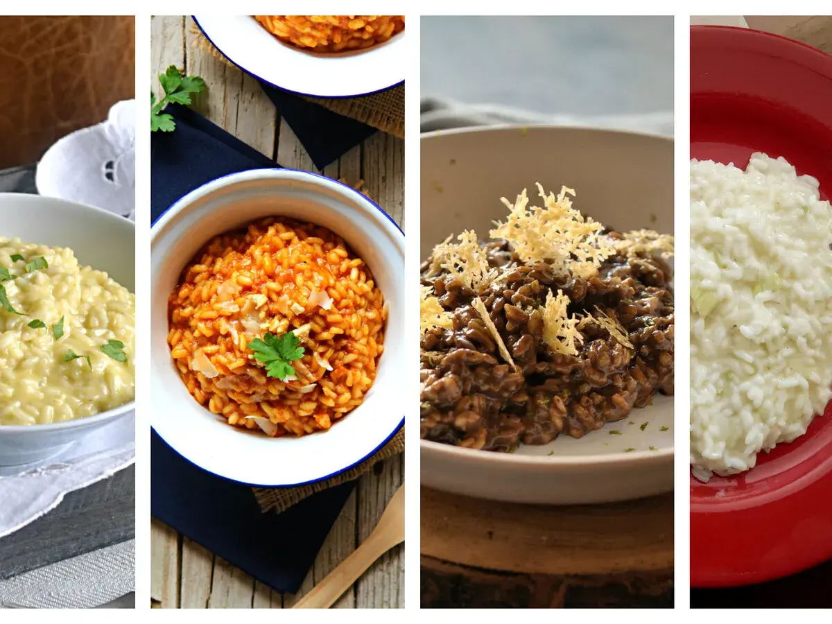 Cuatro deliciosos **arroz italiano tipos**: cremoso, con tomate, de chocolate y blanco.