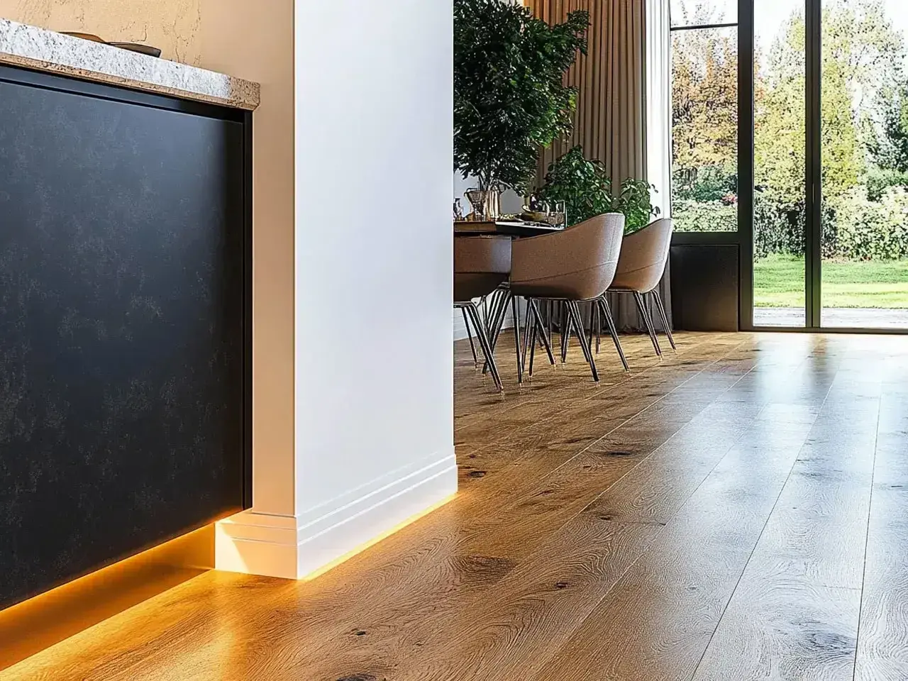 Nowoczesne wnętrze z drewnianą podłogą i oświetleniem LED. Eleganckie rozwiązanie co zamiast listwy progowej, tworzy subtelny efekt.