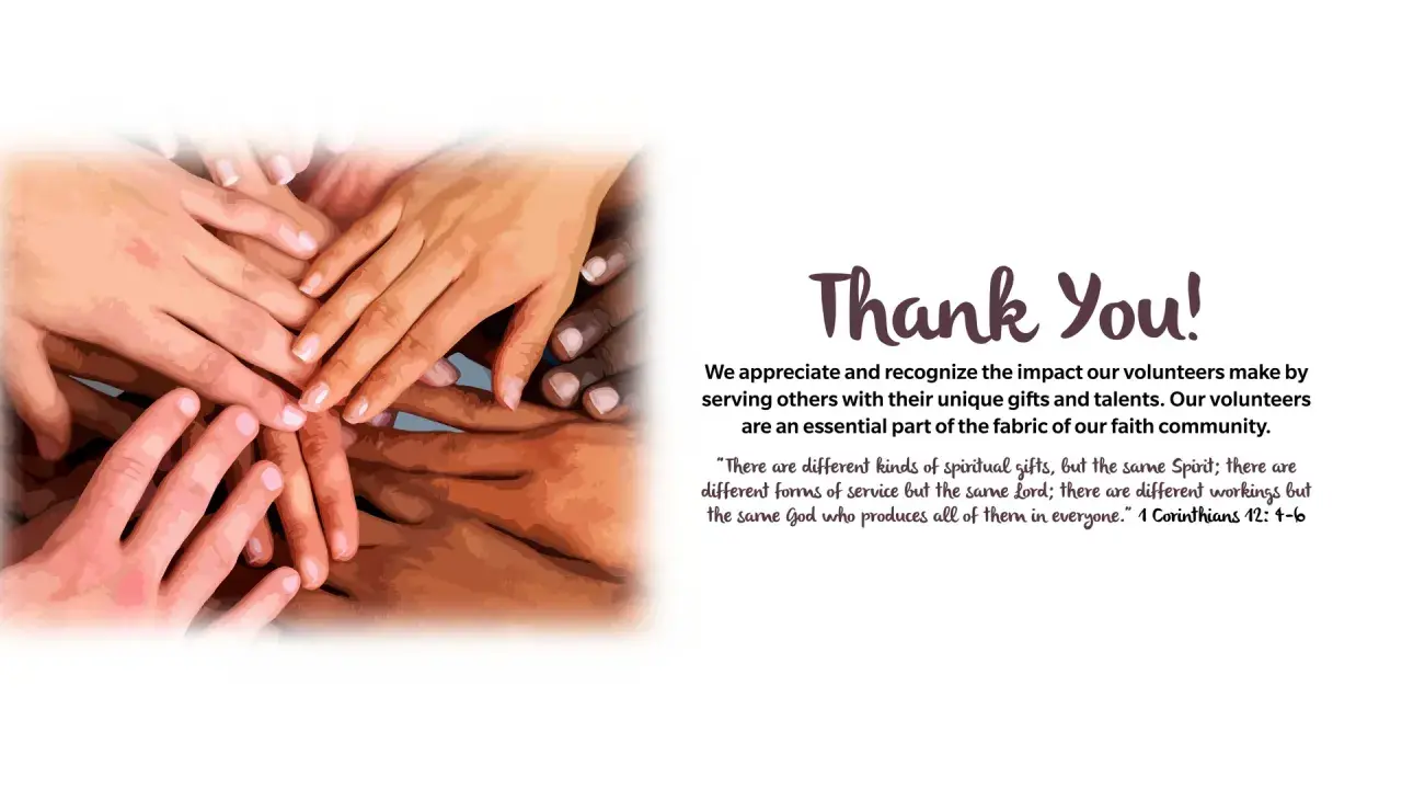 A diverse group of hands are stacked together, symbolizing unity. Text reads "Thank You!" and expresses appreciation for volunteers' service to the community.