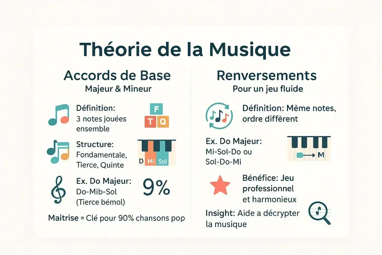 Infographie sur la théorie musicale, expliquant les accords de base et leurs renversements pour un jeu fluide. Maîtriser ces accords est la clé pour comprendre la musique.