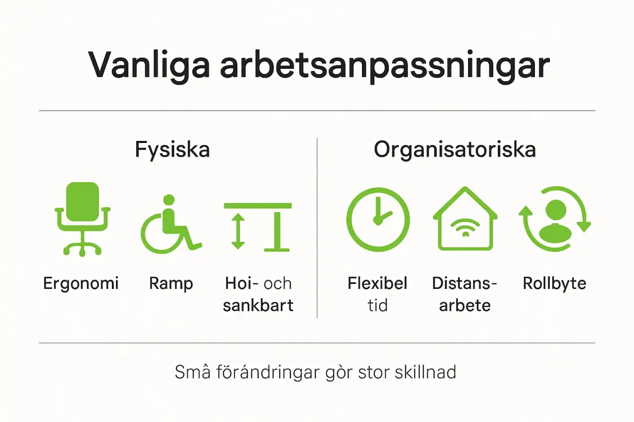 Vanliga arbetsanpassningar: Fysiska (ergonomi, ramp, höj- och sänkbart) och organisatoriska (flexibel tid, distansarbete, rollbyte). Exempel på arbetsanpassning.