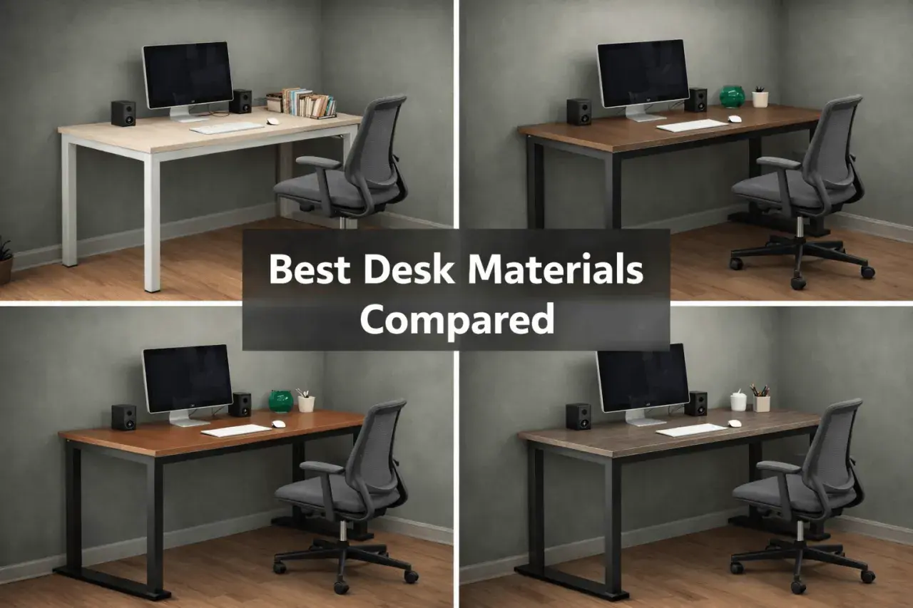 Four desks showcase different desk wood types: light oak, walnut, cherry, and dark oak.