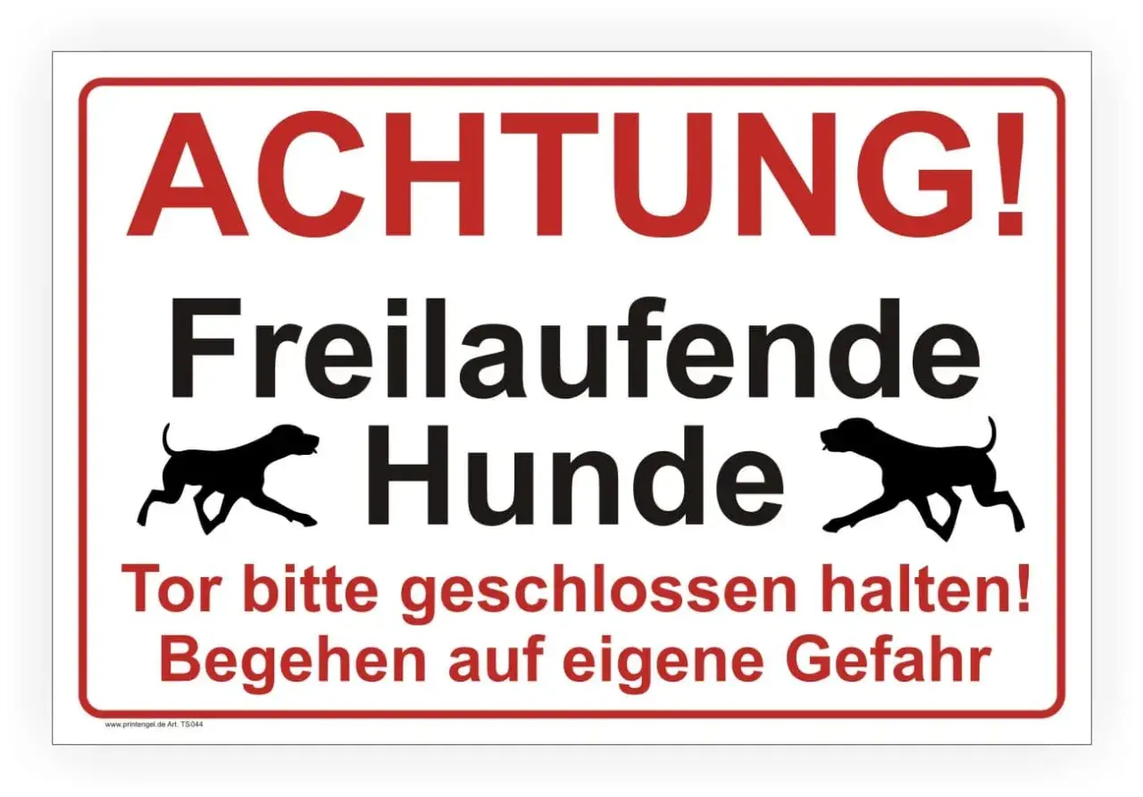 Achtung! Freilaufende Hunde. Ein fremder Hund rennt auf meinen Hund zu. Tor bitte geschlossen halten!