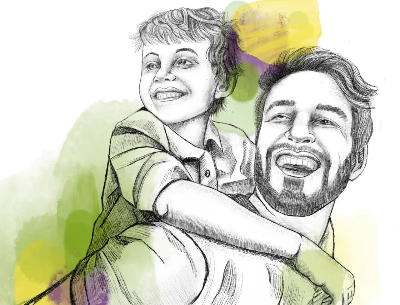 Ein Vater trägt seinen Sohn auf den Schultern. Der Junge lacht und umarmt ihn. Ein fröhlicher Moment, der an einen adhs-test kind 6 jahre erinnert.