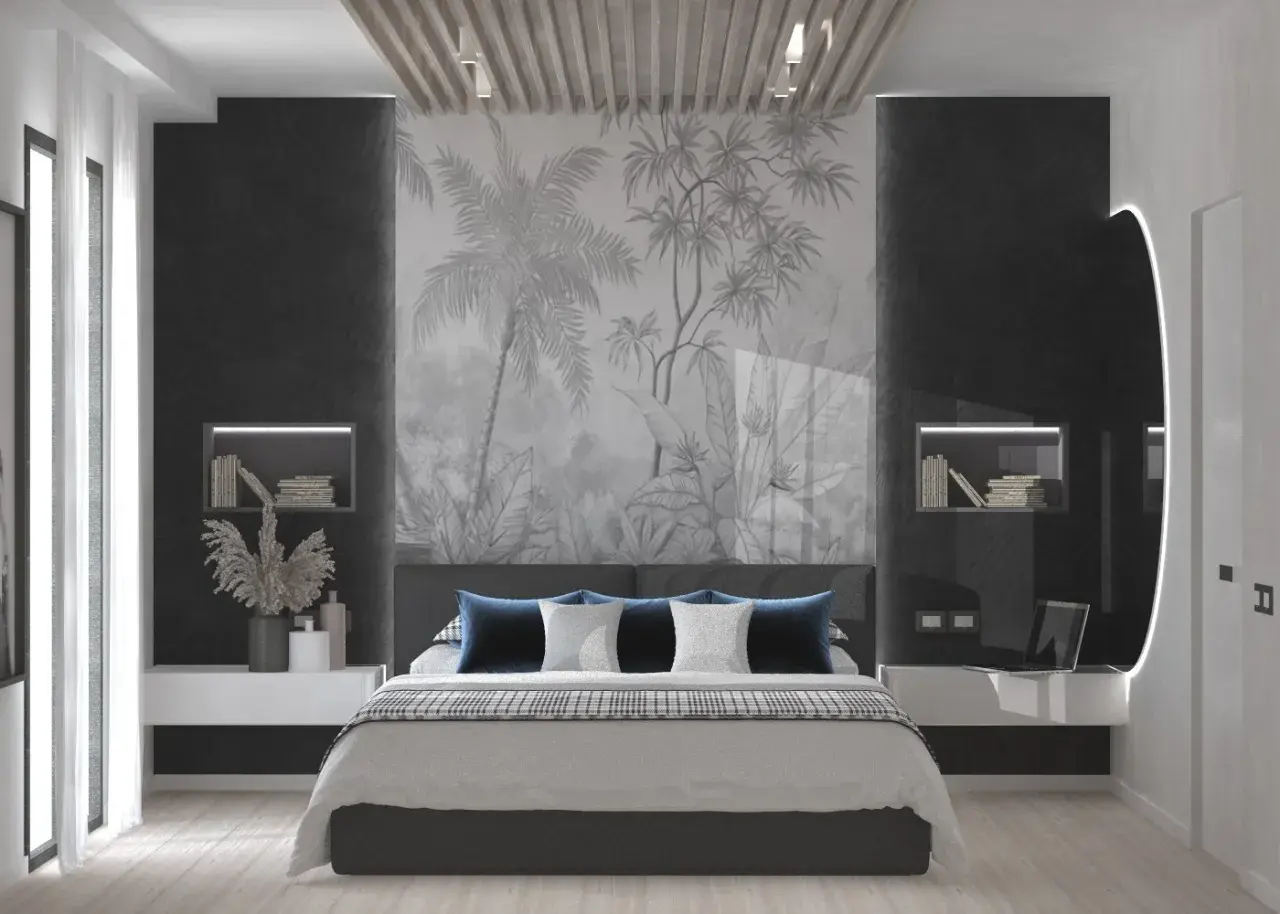 Camera da letto con pareti particolari dietro la testata: un murale tropicale su cartongesso crea un'atmosfera esotica.