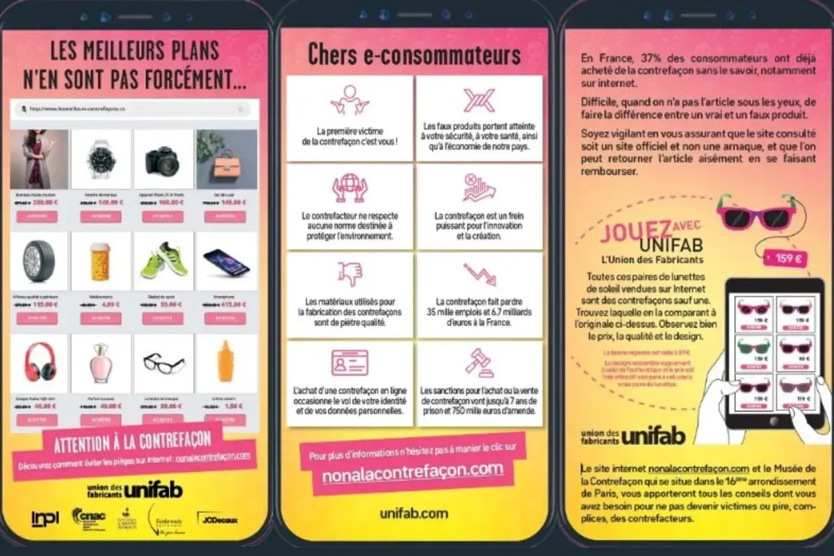 Attention à la contrefaçon : l'achat en ligne peut entraîner vol d'identité et amende. Le vol de propriété intellectuelle coûte cher.
