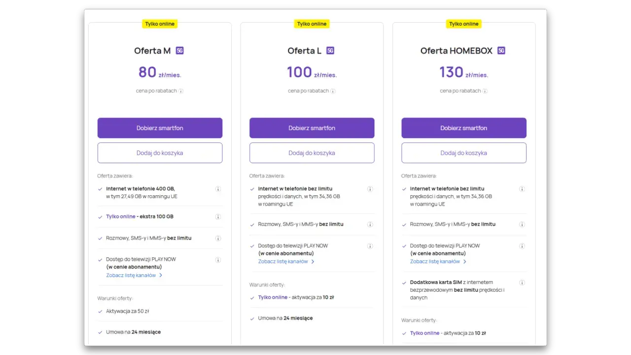 Porównanie ofert internetu we Francji: M (400 GB), L (bez limitu) i HOMEBOX (bez limitu) z opcją 5G.