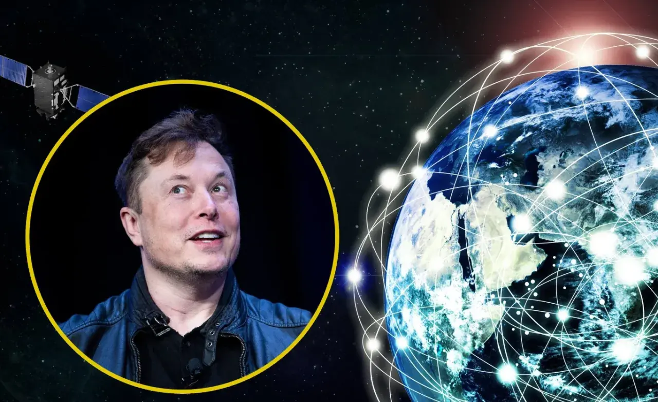 Elon Musk w wizji cywilizacji typu 1, z satelitą i Ziemią połączoną siecią.