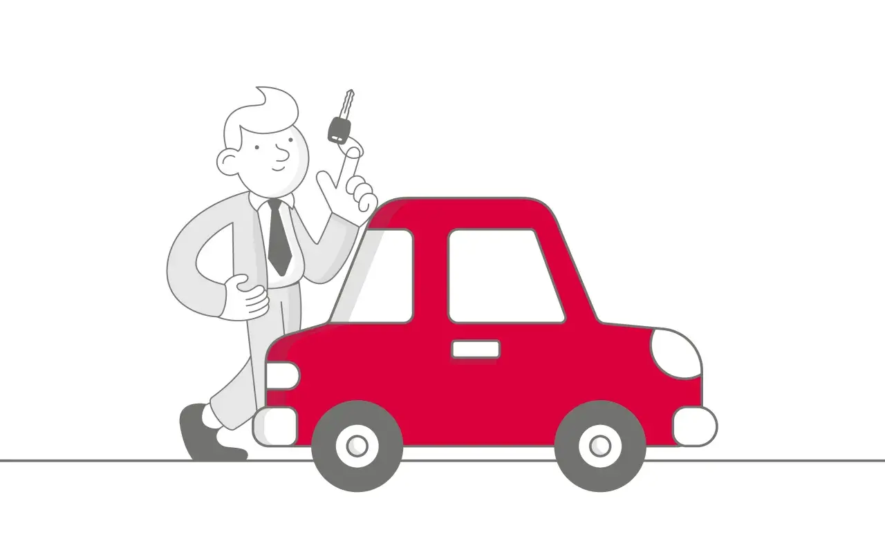 Uomo con chiave in mano accanto a un'auto rossa, simbolo del passaggio di proprietà auto defunto con più eredi.