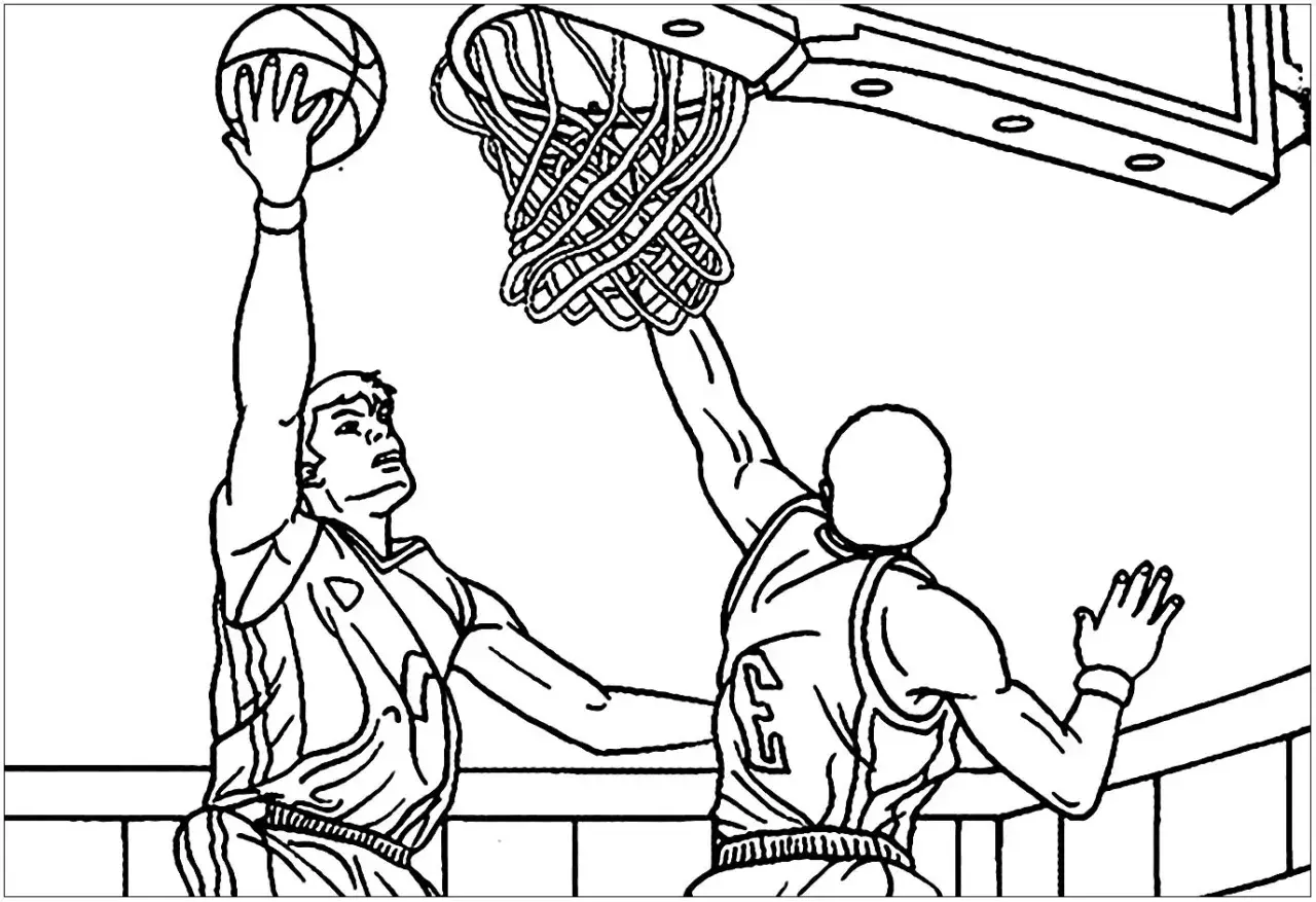 Dos jugadores de baloncesto en acción, listos para ser coloreados. ¡Perfectos dibujos de baloncesto para colorear!