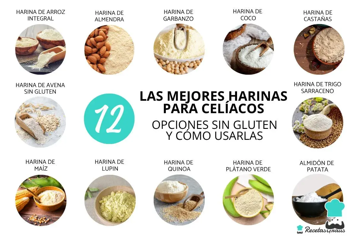 Las mejores harinas para celíacos: arroz, almendra, garbanzo, coco, castañas, avena sin gluten, trigo sarraceno, maíz, lupin, quinoa, plátano verde y almidón de patata. ¡Ojo! la semola tiene gluten.
