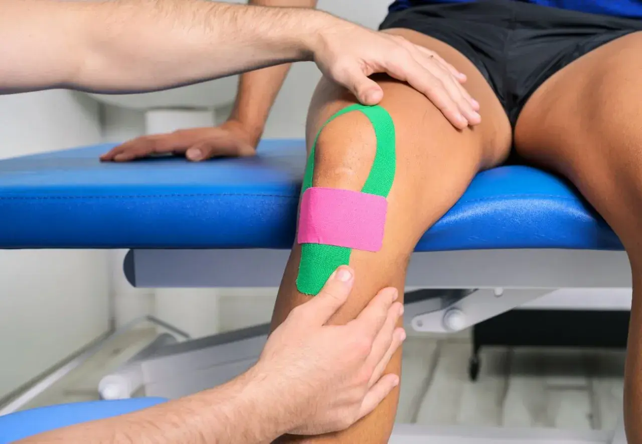 Un fisioterapeuta aplica bandas kinesiologicas verdes y rosas en la rodilla de un atleta para mejorar su recuperación y rendimiento.