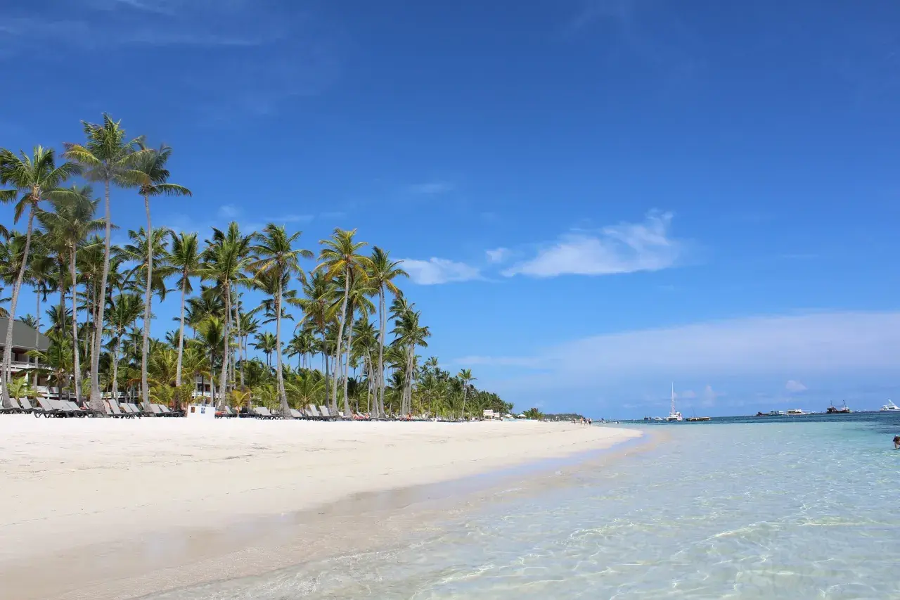 Rajska plaża w Punta Cana, z palmami i turkusową wodą, idealne miejsce na relaks i odkrywanie atrakcji.