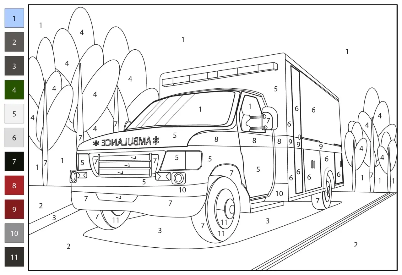 Ambulancia para colorear con números. Un vehículo de emergencia listo para ser pintado, con árboles y carretera al fondo.
