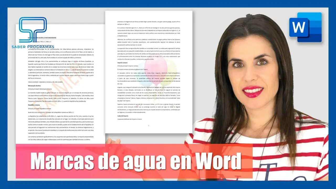 Mujer sonriente con texto "Marcas de agua en Word" y logo de Microsoft Word.