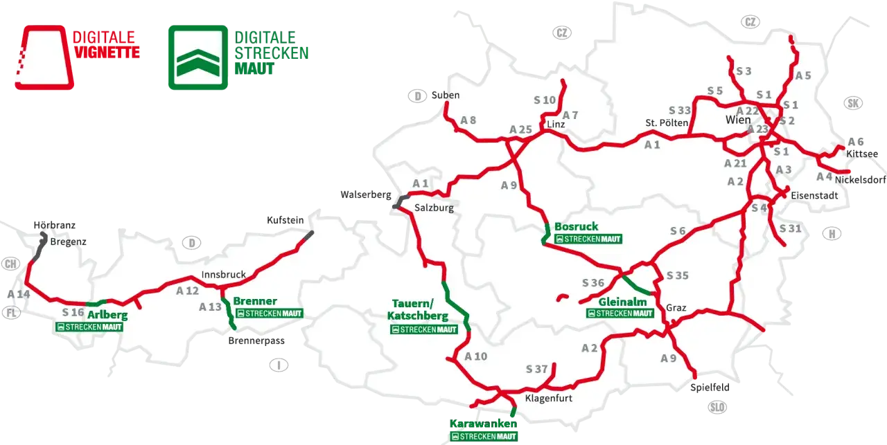 Mapa Austrii z zaznaczonymi drogami płatnymi. Widać tunele w Austrii, np. Arlberg, Tauern, Karawanken.