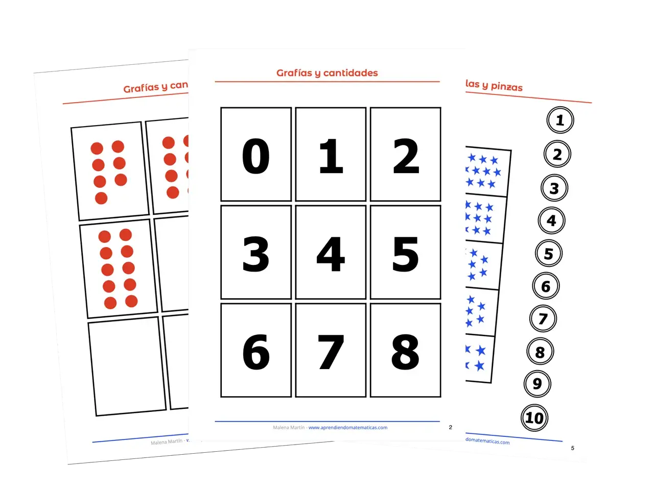 Tarjetas con números para repasar, puntos rojos y estrellas azules. Ideal para aprender las cantidades.