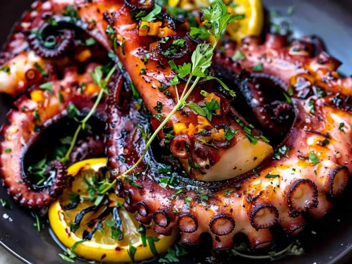 Delicioso pulpo a la brasa, tierno y jugoso, servido con rodajas de limón asado y perejil fresco picado. ¡Un manjar para disfrutar!