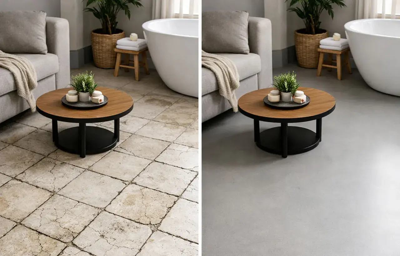 Avant/après : un sol carrelé vieilli transformé en une surface lisse et moderne grâce à une résine.