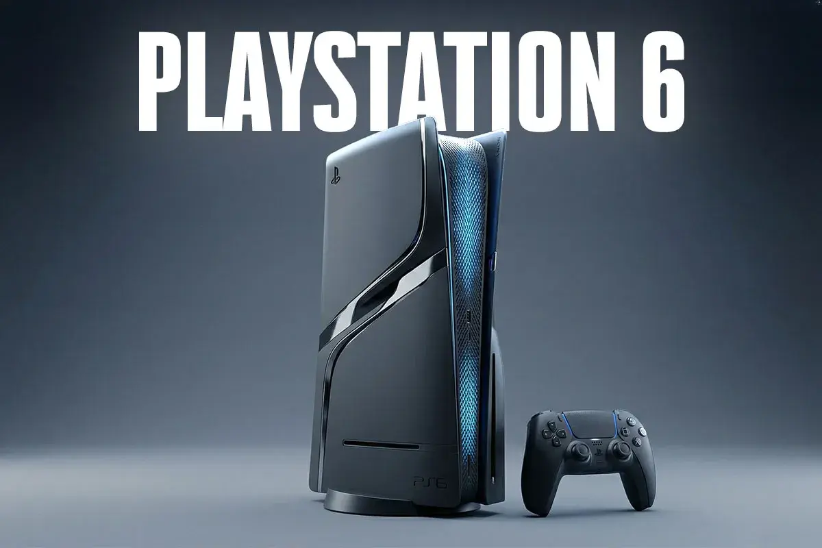 Futurystyczna konsola PlayStation 6 z niebieskimi akcentami i kontrolerem.