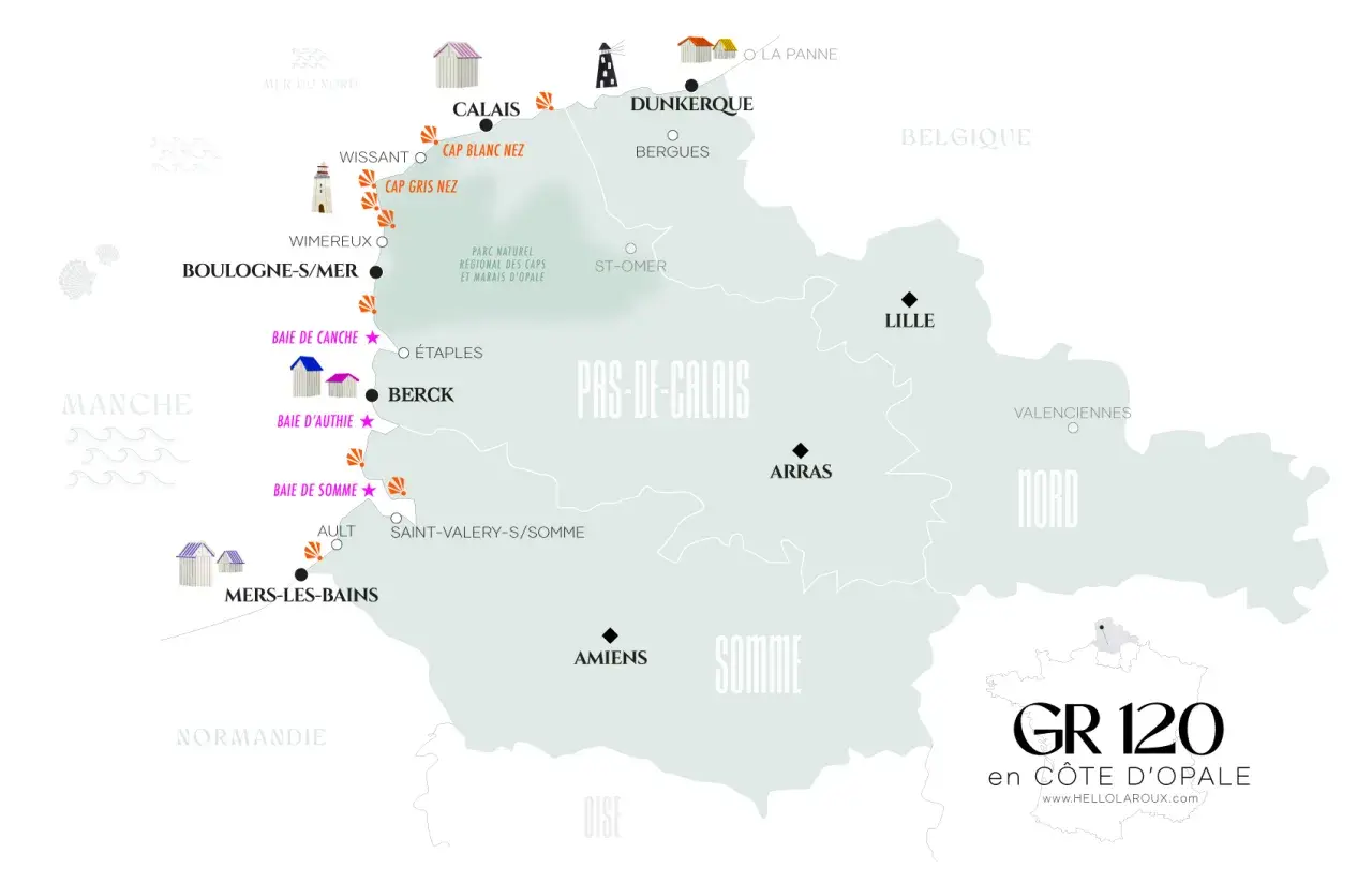 Carte du GR 120 en Côte d'Opale, Hauts-de-France. Points d'intérêt : Calais, Boulogne-sur-Mer, Baie de Somme, Dunkerque, Lille.