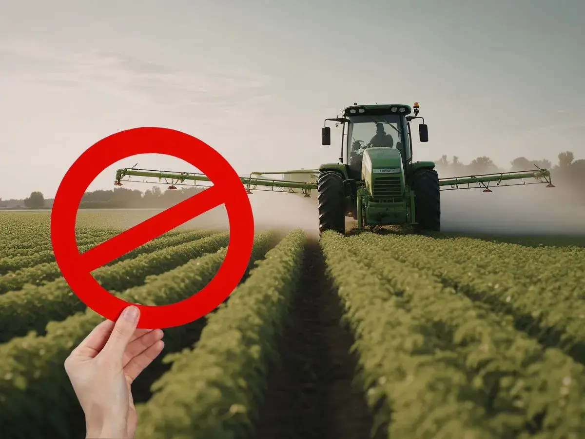 Zakaz oprysków na chwasty. Traktor na polu uprawnym, ręka trzyma znak zakazu.