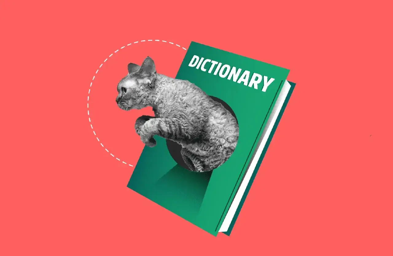 Un gato curioso emerge de un diccionario, explorando el mundo de los animales domésticos en inglés.