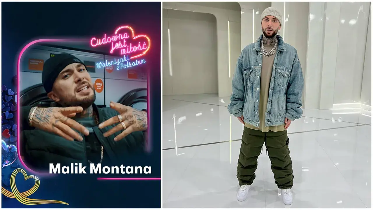 Malik Montana na plakacie z napisem "Cudowna jest miłość. Walentynki z Polsatem" i w stylizacji na koncert.