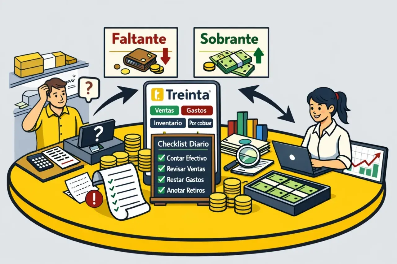 Ilustración muestra cómo emprender un negocio con un checklist diario para controlar ventas, gastos y efectivo.
