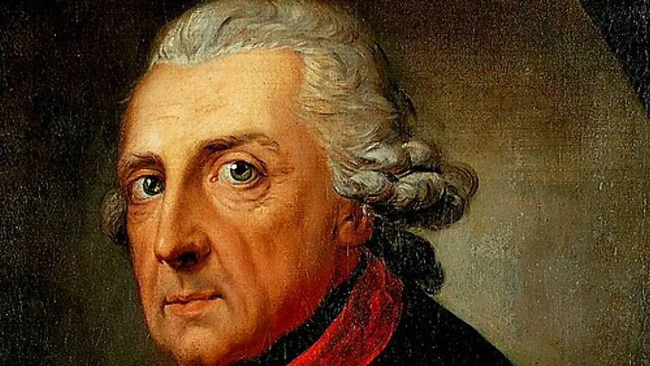 A striking portrait of Frederick the Great, his piercing gaze and powdered wig hinting at his regal presence.