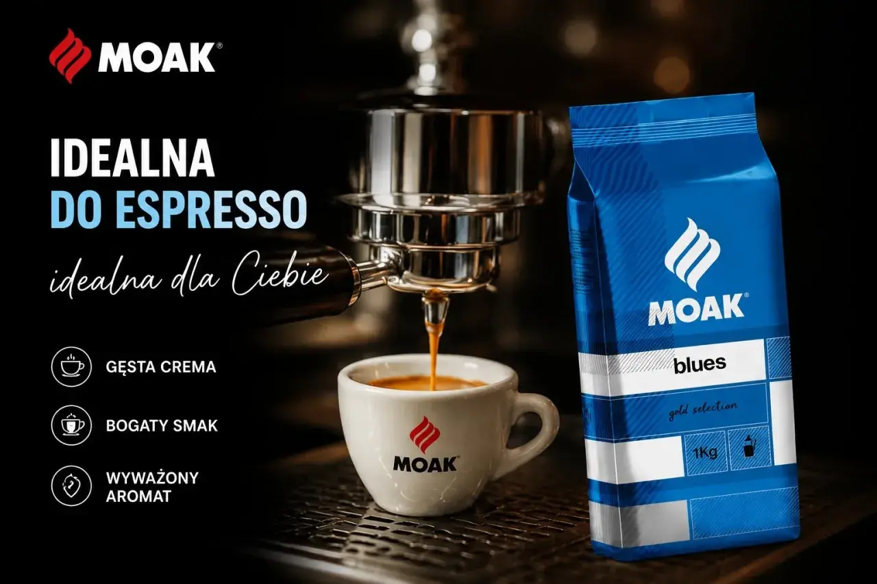 Kawa MOAK Blues, idealna do ekspresu automatycznego, z gęstą cremą, bogatym smakiem i wyważonym aromatem.
