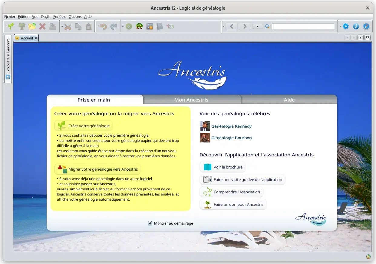 Interface du logiciel de généalogie Ancestris, proposant de créer ou migrer une généalogie. Ancestris gratuit pour tous vos ancêtres.