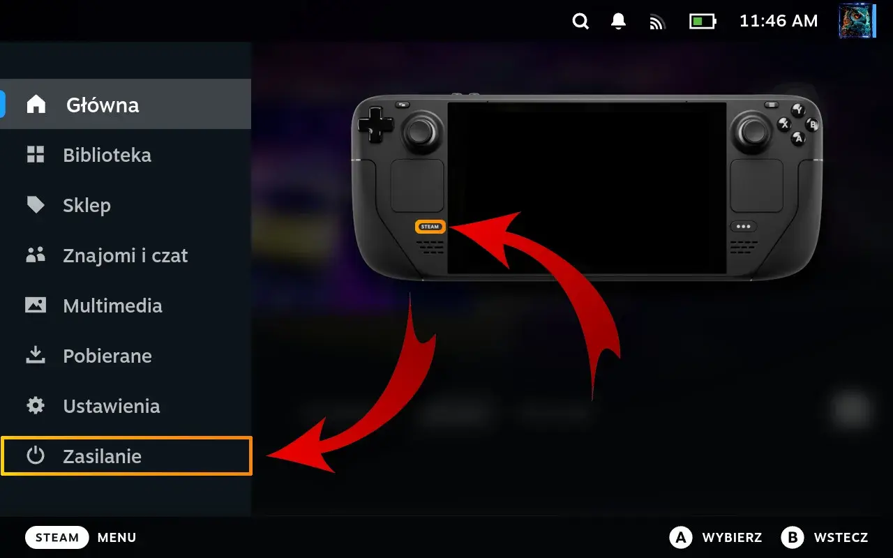 Menu Steam na konsoli, strzałki wskazują przycisk "Steam" i opcję "Zasilanie". Dowiedz się, jak pobrać Steam.