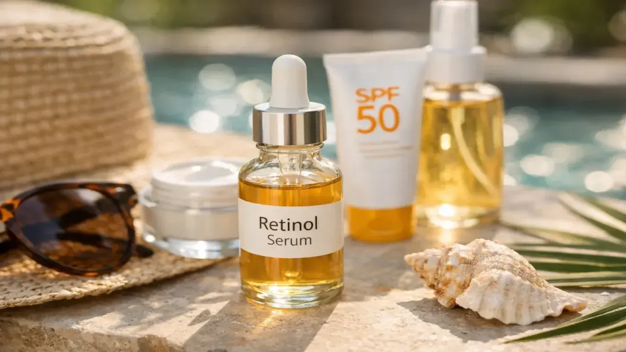 Letnia pielęgnacja: serum z retinolem, krem z filtrem SPF 50 i mgiełka. Czy retinol można stosować latem? Tak, z ochroną przeciwsłoneczną!