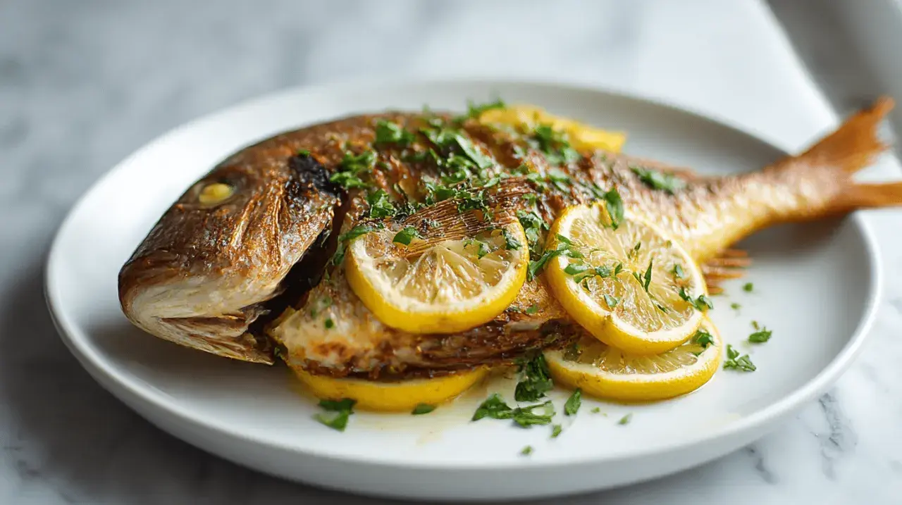 Dorade entière rôtie, garnie de rondelles de citron et de persil frais. Un délice simple, parfait pour une marinade dorade.